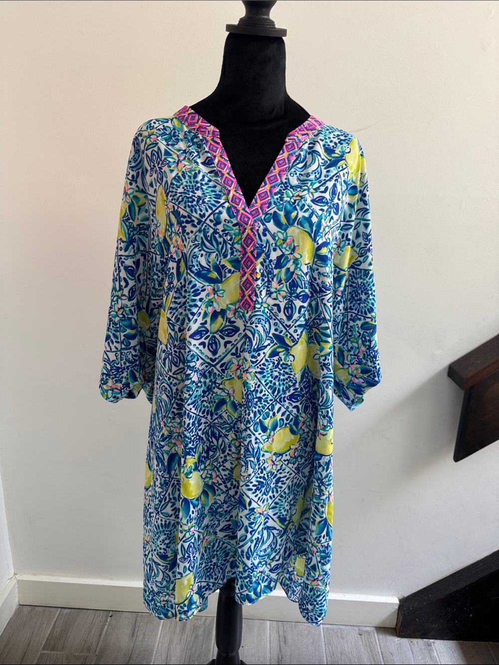 Lilly Pulitzer Blue & Yellow Lemon Patterned Swim Cover-Up Kaftan
